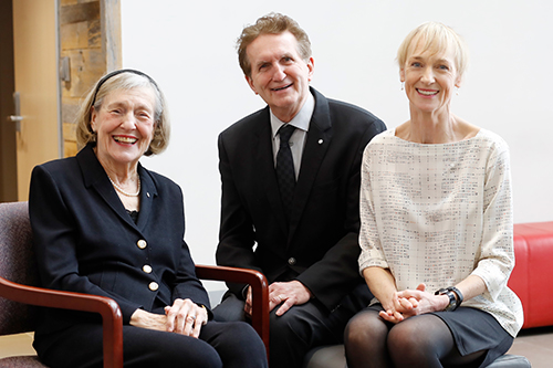 Campbell and Verduyn with Marilyn Trenholme Counsell (’54, LLD ’00).