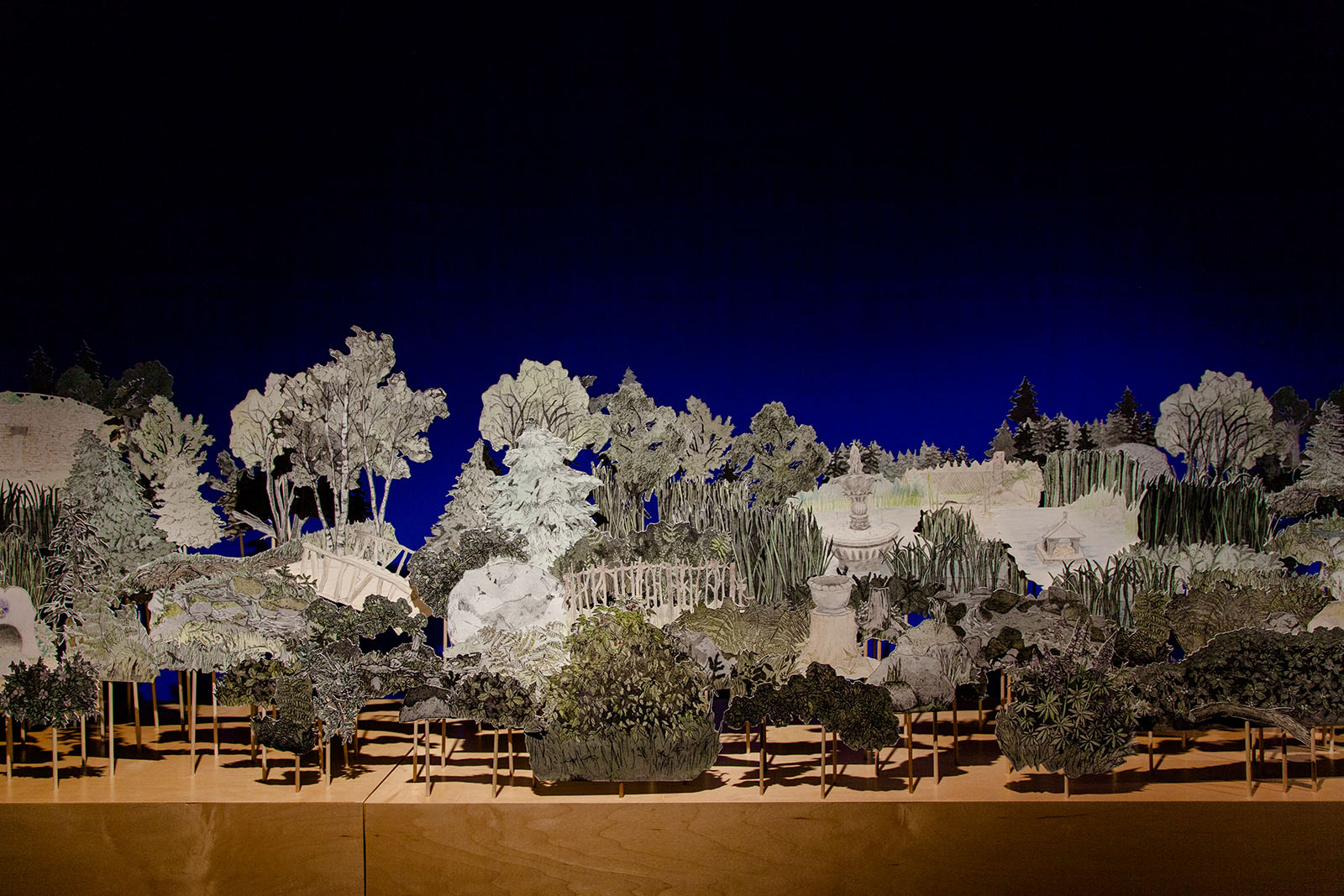 Diorama of the Gardens; a reconstruction of Downs' Zoological Gardens, Detail   Hand-coloured and cut etchings, coloured pencil drawings, and birch base. 14 feet long, 2016. 