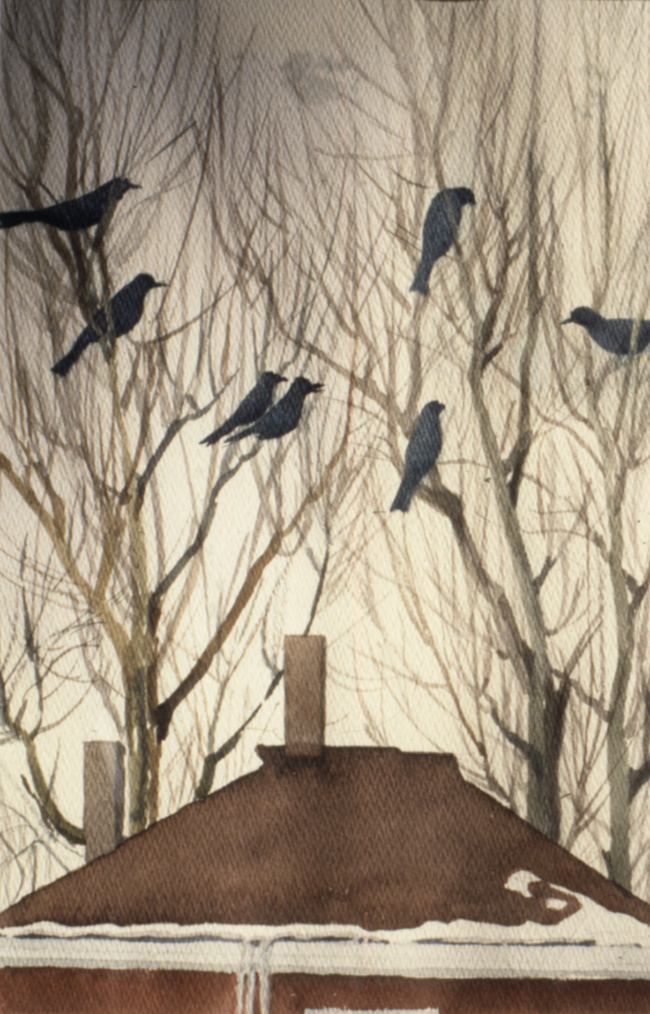 Trees on Clarence Street Filled with Blackbirds, watercolour by Roberta Jane Taylor (private collection).