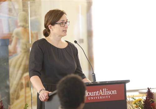 Lynn Loewen speaking at Mount Allison